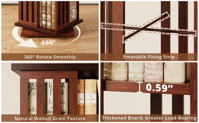 IRONCK 360° Rotating Bookshelf Tower, 5-Tier Spinning Display Storage Shelves 60 in Tall Bamboo Bookcase for Office, Living Room, Bedroom