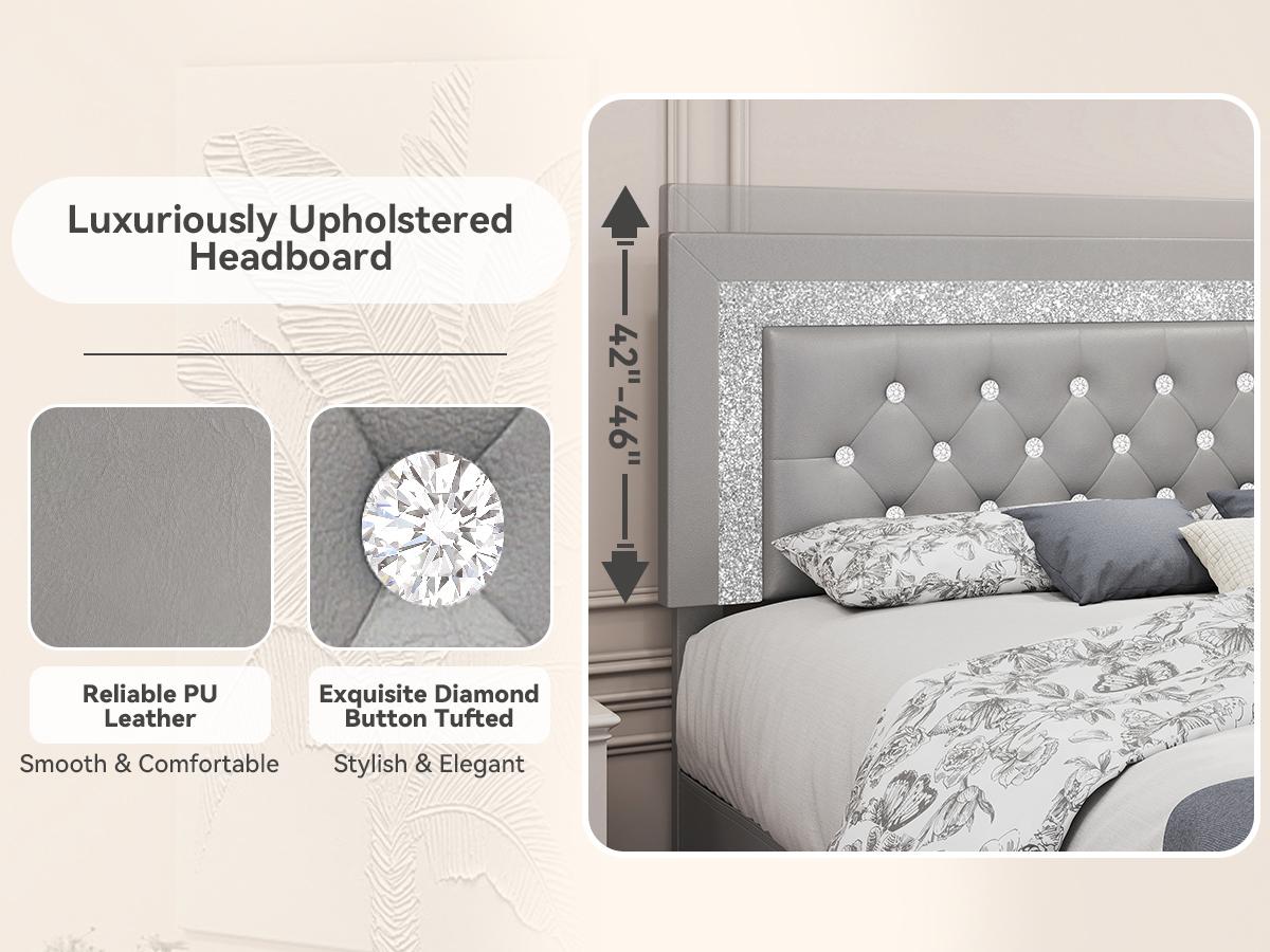 [Summervibes] Queen Bed Frame with LED Lights & Adjustable Headboard - Diamond Tufted Upholstered Frame with Wooden Slats - Full bed frame with mattress - Black/White/Grey summergarden