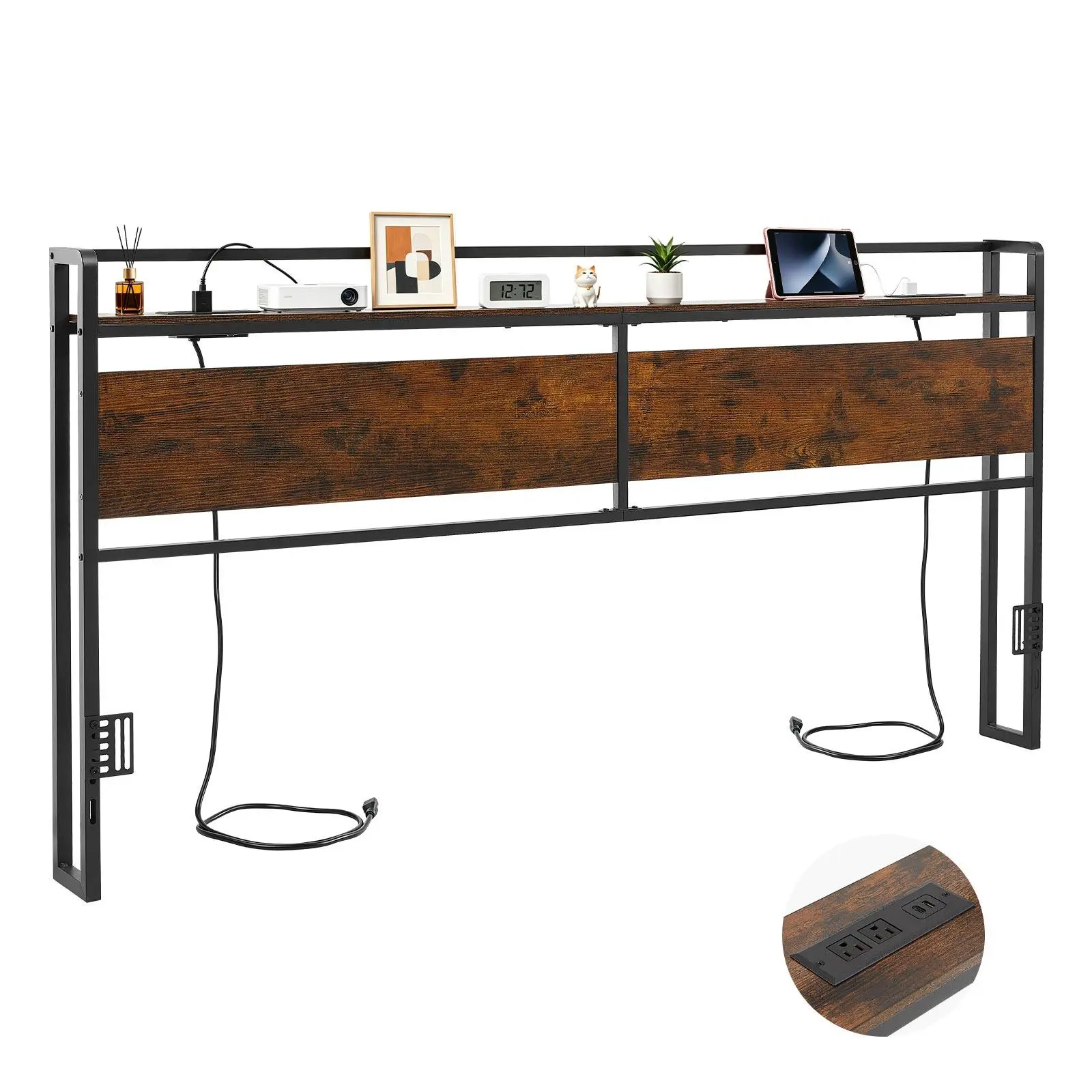 【SummerFinds】VEVOR King Size Headboard, Rustic Brown Wood Grain Design, Carbon Steel Frame with Charging Station (2 Outlets, 1 USB, 1 Type-C Port), Storage Shelf, Adjustable Height, Sturdy & Stable, Rustic Brown Headboards, Wood Grain Headboards