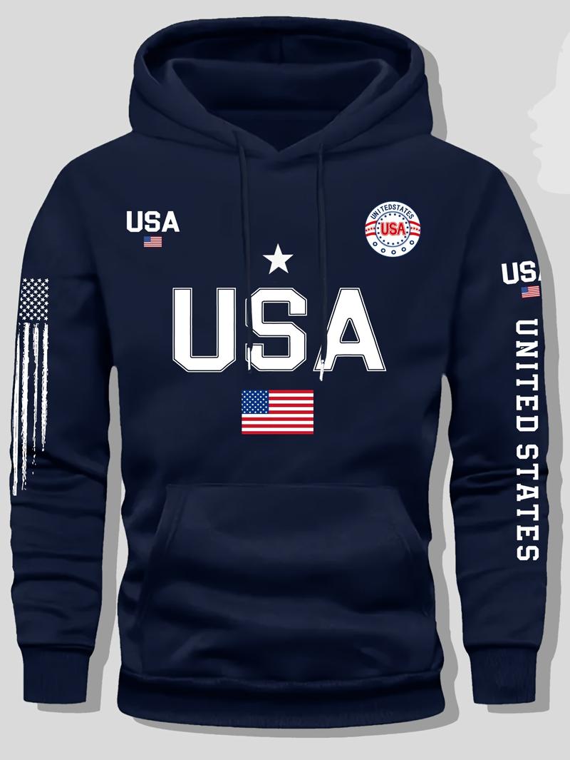 USA flag print hoodie men's fleece sweatshirt, United States letter print unisex casual knit fabric pullover for students and couples fashion hoodie for autumn and winter, 2026 spring pullover hooded sports hoodie
