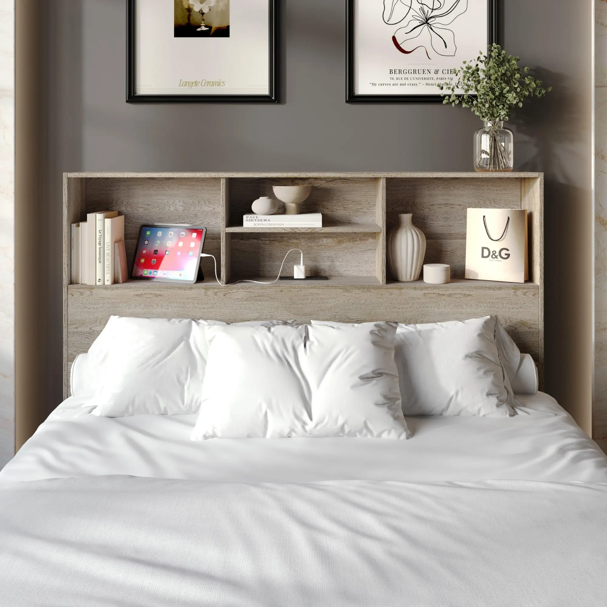 Favorer Pomona Modern Wood Headboard - Freestanding Wooden Bed Frame Headboard with Shelves, USB Ports