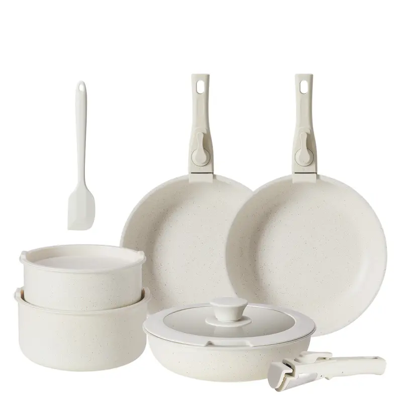 Sweetcrispy 12-Piece Granite Finish Ceramic Cookware Set, Removable Handle Cookware, Stackable, Induction Safe, PFOA-Free, Scratch-Resist Coat, Sturdy Aluminum Build, Stain-Resistant, Includes Silicone Utensils