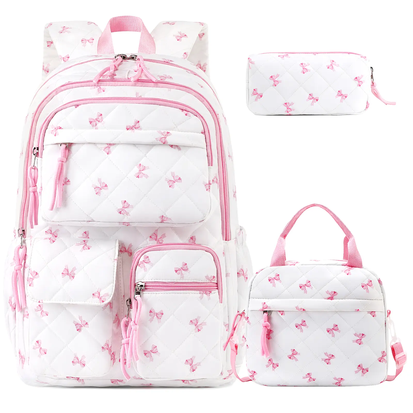 Similove 3PCS Quilted Floral Backpack Bundle Set with Lunch Box & Pouch, Women Treval/Work Backpack, Birthday's Gift,dorm room inspo,college dorm essentials,dorm haul