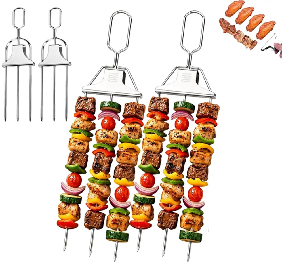 2PCS Skewers for Grilling Metal Kabobs Metal Kebab Barbecue Grill 3 Way Outdoor Grill Shish BBQ Stainless Steel Flat Chicken Shrimp 3 Prong Heavy Duty Vertical 14 Inch Adjustable Upright