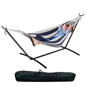 Double Hammock with Stand - Heavy Duty 450lbs Capacity, Portable Cotton Hammock for Two Adults, Indoor & Outdoor Use with Travel Bag, Blue&White Stripe Pattern
