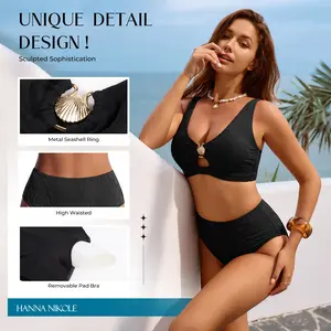 Hanna Nikole Women High Waisted Bikini Sets 2 Piece Swimsuits Tummy Control Textured Bathing Suit Metal Cutout Swimwear