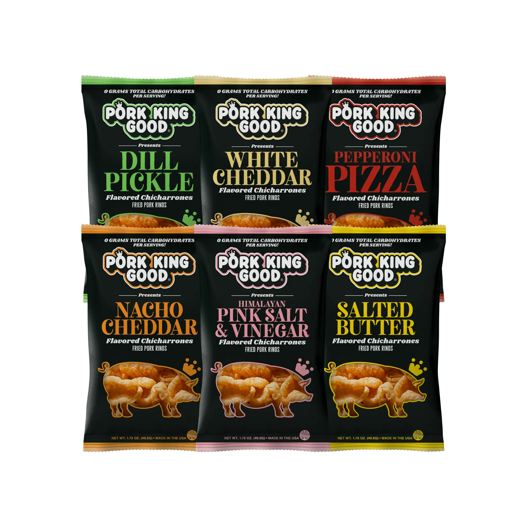 The Piglet Pack - 6 1.75 oz Bag Variety Pack of Pork King Good Pork Rinds! Keto Friendly, Gluten Free Snacks