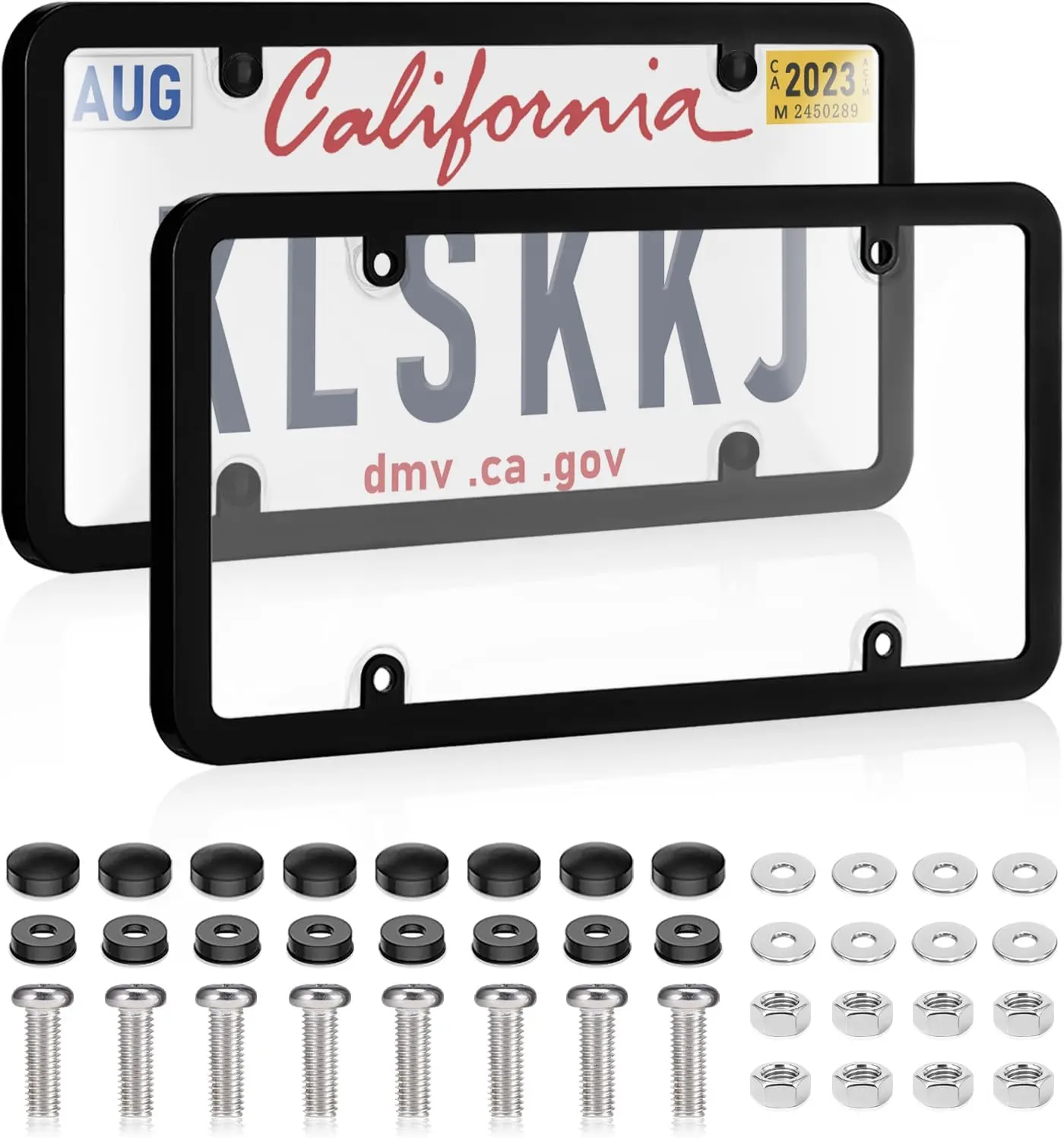2 Pack Clear License Plate Covers and Frames, License Plate Protector Unbreakable Plastic Shields Tag Holder Fits Standard US Plates with Screws Caps