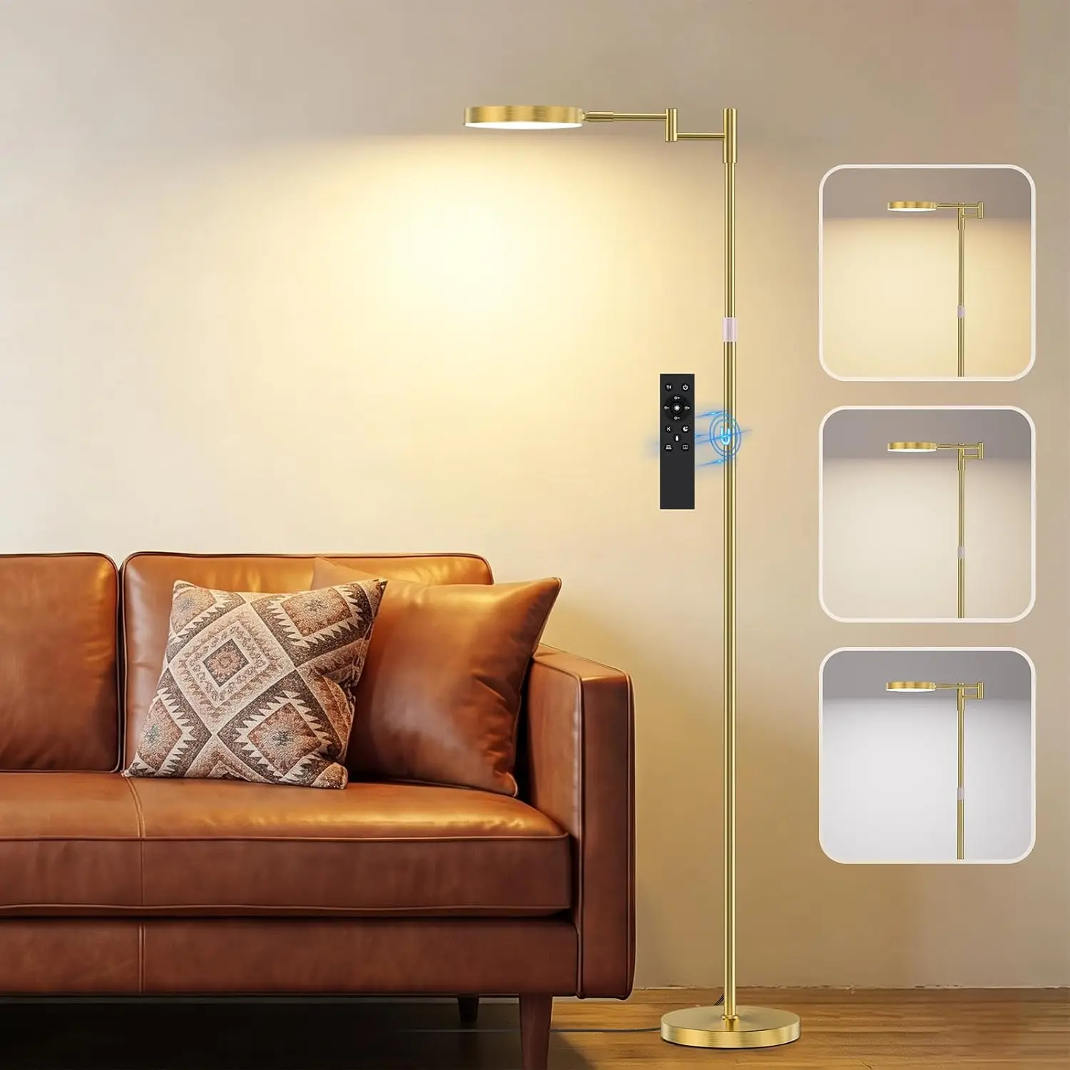 SIBRILLE LED Floor Lamp 18W Bright Remote Control, Modern Dimmable Standing Lamp with Adjustable Height 51-59", 350° Swing Arm, Eye Protection, Energy Saving for Reading, Crafts, Office, Gold Metal Base