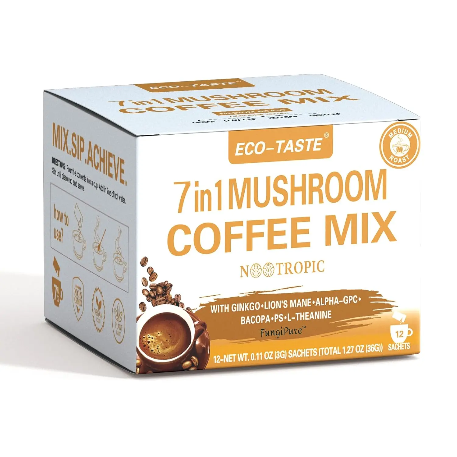 7-in-1 Organic Mushroom Instant Coffee Mix Beverage, Low Sugar, with Ginkgo, Lion's Mane, Alpha-GPC, Bacopa, PS, L-Theanine - 12 Sachets