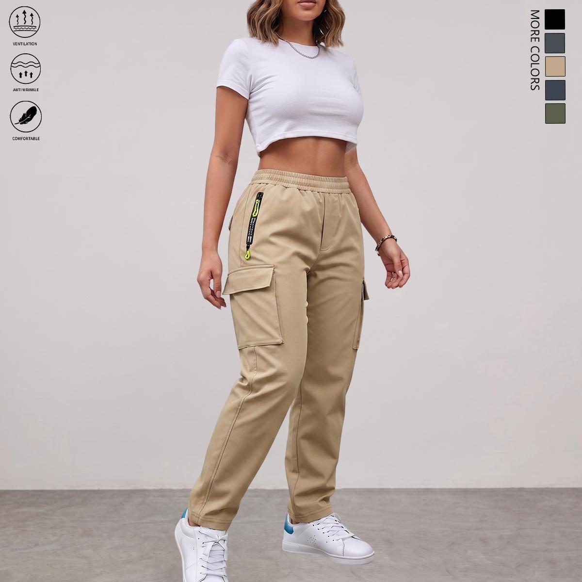 Women's Lightweight No-Stretch Straight-Leg Plain Look Casual Cargo Pants - Women's Clothes, Drawstring Waist, Multiple Pockets, Stylish Zippered Pocket, All-Season Workwear Utility Pants, Ideal for Outdoor Activities & Everyday Wear