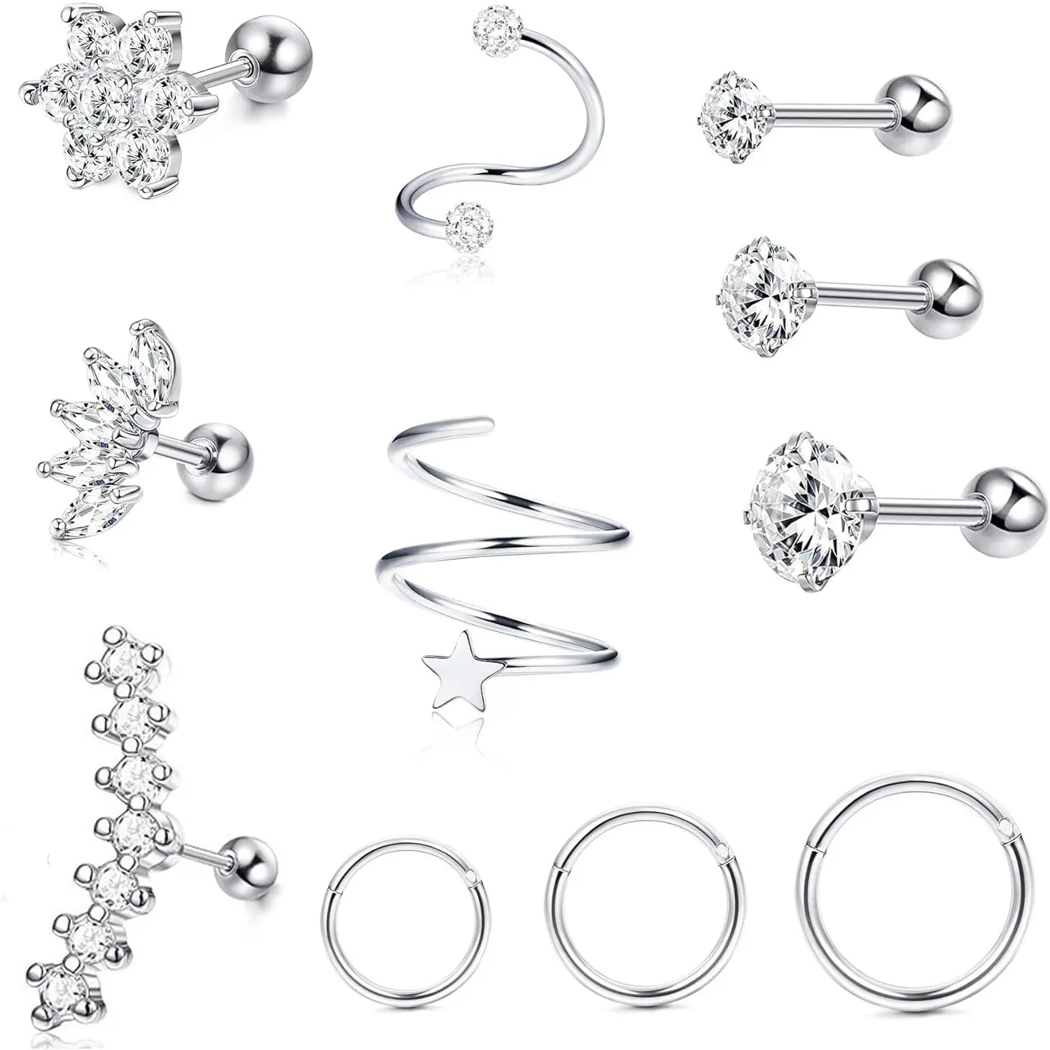 Milacolato Unisex 11-Piece 16G-18G 316L Stainless Steel Cartilage Earring Set, CZ Studs, Spiral Barbells, Hinged Hoops for Helix, Tragus Piercings, Spiral Nose Ring, Tragus Piercing, Cartilage Jewelry, Conch Hoop Earring, Earring Stack