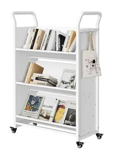 Garvee Book Cart with Wheels, Heavy-Duty Mobile Bookshelf Organizer, Single Sided V-Shaped Rolling Library Cart with Locking Casters for Office, School & Home, White