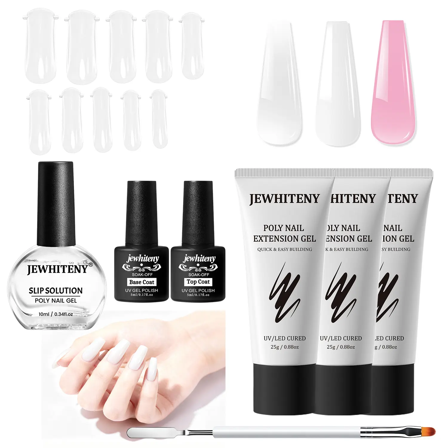 JEWHITENY Poly Extension Gel Nail Set - Clear, White, Pink Gel with Base Coat, Top Coat, Brush, Cosmetic Nail Polish for Home DIY French Manicure, Daily Use (Requires UV Lamp Curing, Ideal Gift)