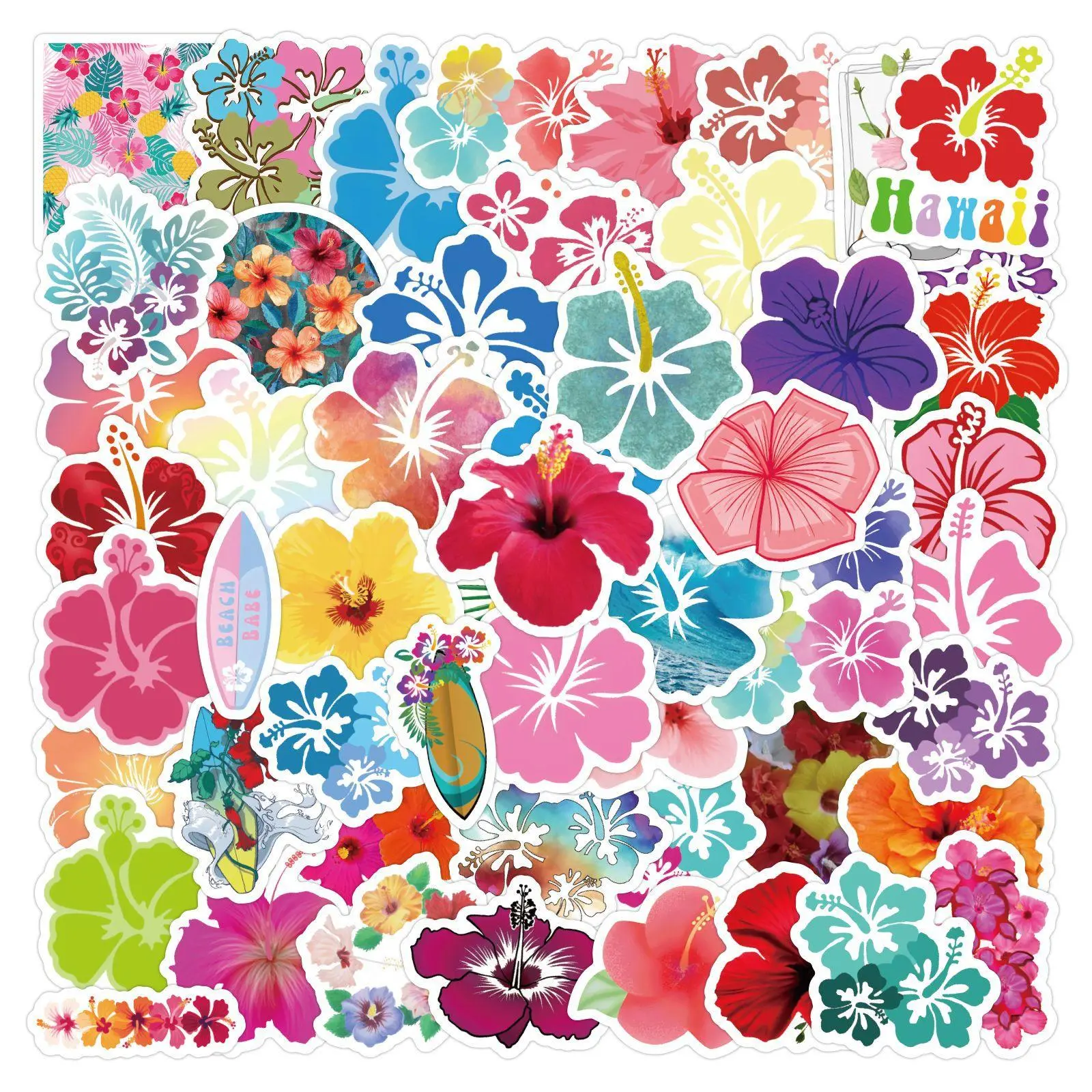 Hibiscus Flower Pattern Sticker, Floral Pattern Sticker, 60pcs/set Colorful Waterproof Graffiti, DIY Decorative Decals for Laptop, Mobile, Luggage, Water Bottle