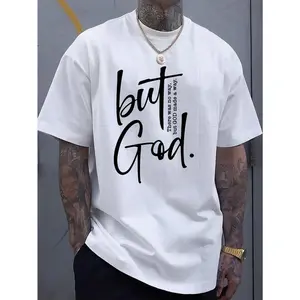[ Cotton]Men'S Cotton Crew Neck T-Shirt With "But God" Letter Print, Casual Street Style, All-Season Comfort Fit,  Knit Fabric, Cotton T Shirts