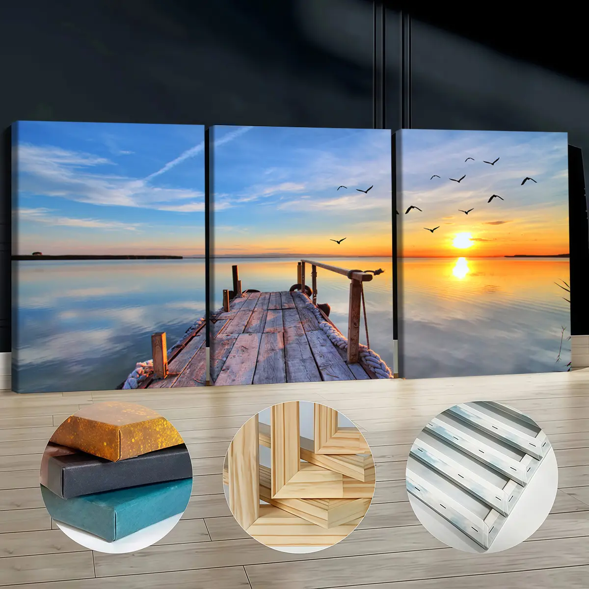 3Pcs Artistic Elegant Wooden Framed Canvas Wall Art - Decorative Nature Prints of Sunset Lake, Birds on the Dock, Odorless Home Decor for Living Room, Bathroom