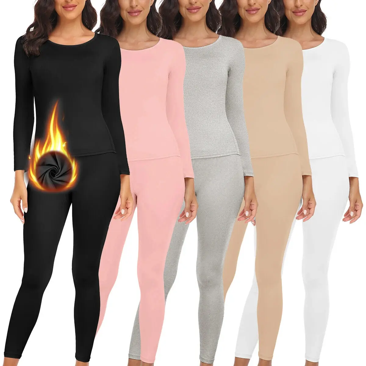 Women's Thermal Underwear Set, Casual Fleece Lined Top and Bottoms, Lightweight Stretchy Long Sleeve Base Layer, Moisture-Wicking Pajamas, Clothes, Minimalist, Ladies, Sleeves
