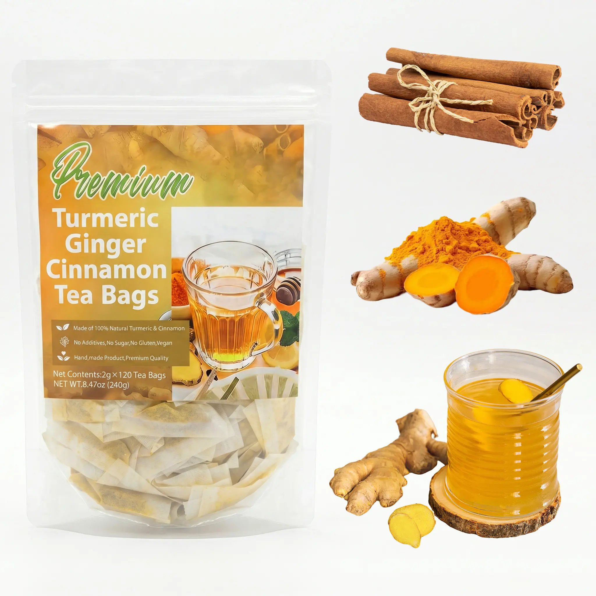 Turmeric Ginger Cinnamon Tea - 120 Eco-Friendly Tea Bags, No Caffeine, No Sugar, Vegan, Gluten-Free