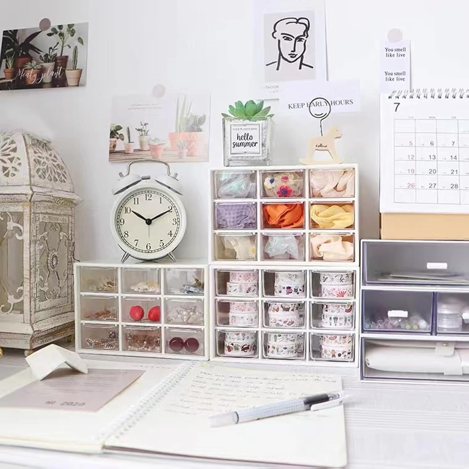Small Drawer Organizer for Desk, Mini Desktop Drawer Organizer with 9 Clear Drawers Boxes Wall