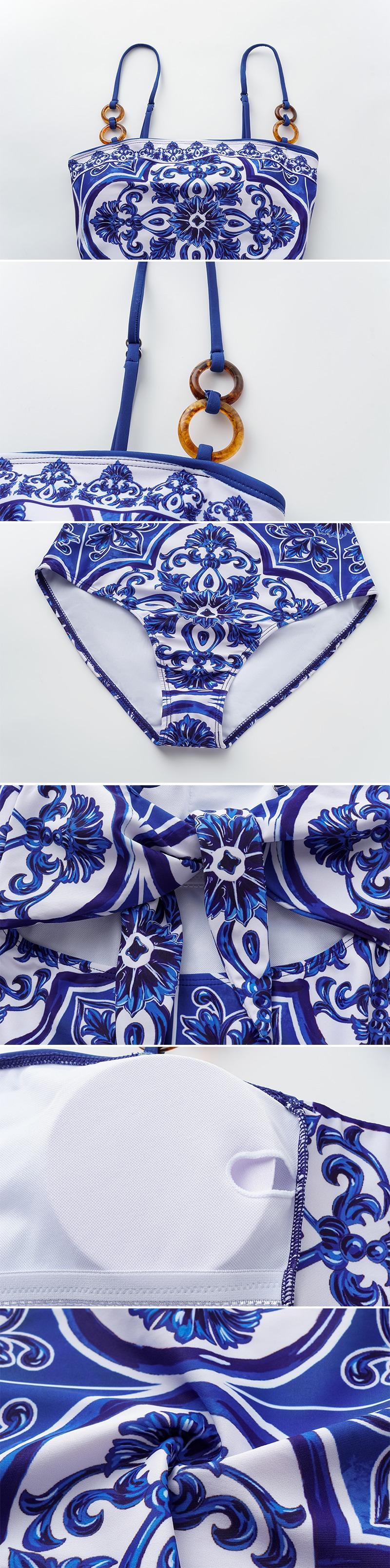 FLAXMAKER Women's Classic Blue Majolica Print One Piece Swimsuit and Skirt Set Bathing Suit Adjustable Shoulder Straps Swimwear