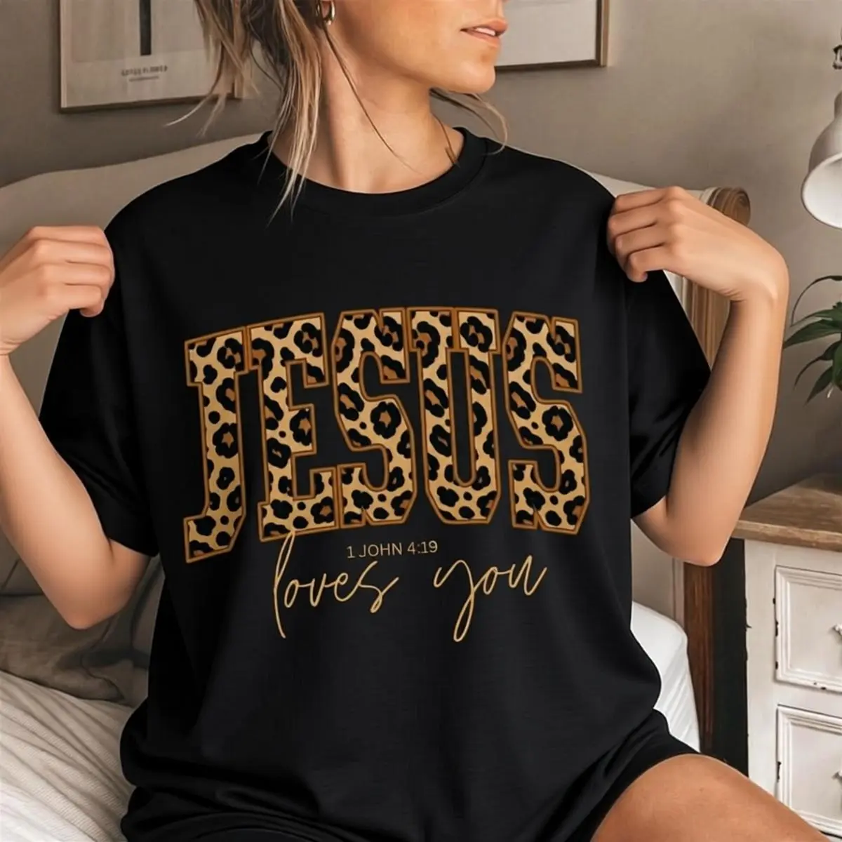Christian Jesus Sweatshirt, Cheetah Print Bible Verse Sweatshirts, Trendy Faith Apparel Gift, Jesus Loves You, The Way The Truth The Life, Comfortable, Lightweight