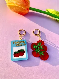 Tomato Seeds Acrylic Statement Earrings - Blue Design with Red Tomato and Green Leaf, Keychain Style with Gold Ring