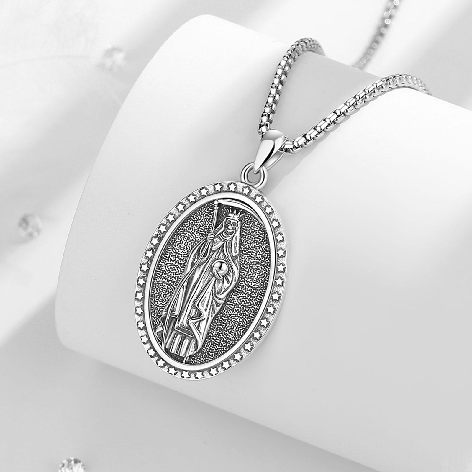Eudora S925 Sliver Santa Muerte Necklace, Silver Grim Reaper Pendant, Mexican Saint Medallion,  Memento Mori Amulet, Protective Sigils Jewelry
