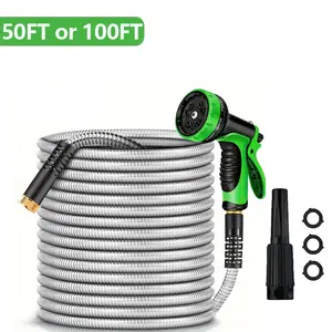 50FT/100FT Metal Garden Hose 304-Stainless Steel Flexible Water Hose - No Kink & Tangle Heavy Duty Pipe with Nozzle, Durable  Fittings and Valve - Rust Proof Puncture Proof for Yard Lawn