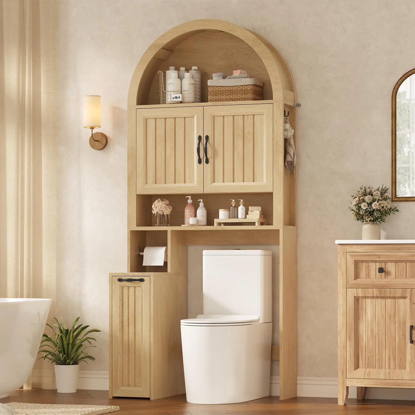 Arched Over The Toilet Storage Cabinet with Pulley, Small Bathroom Storage Cabinet, Bathroom Organizer with Adjustable Shelves, Toilet Paper Holder & 2 Hooks, Space Saver for Restroom, Laundry, Oak