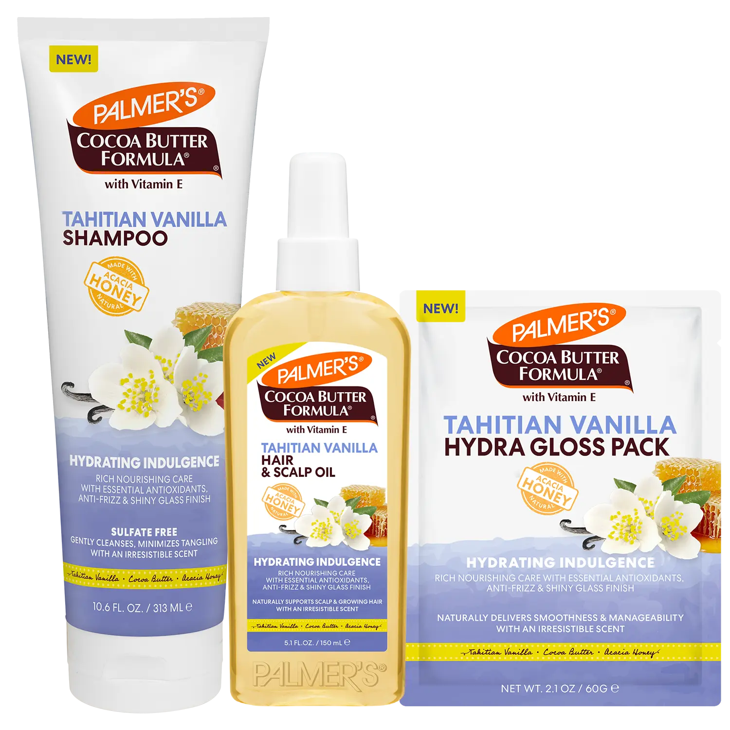 Palmer's Cocoa Butter Formula Tahitian Vanilla Moisture Drenching Hair Care Bundle with Shampoo, Hair & Scalp Oil and Hydra Gloss Pack for Hydrated, Shiny and Healthy-Looking Hair