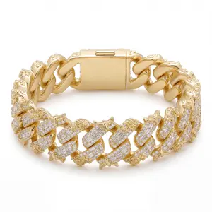 ⑨Space ice 22MM Iced Out Baguette Cuban Link Bracelet with Rose Design, 14K Gold/Rose Gold/Silver Plated Hip Hop Jewelry, Micro Pave CZ Stones Bling Statement Bracelet for Men Women Rapper