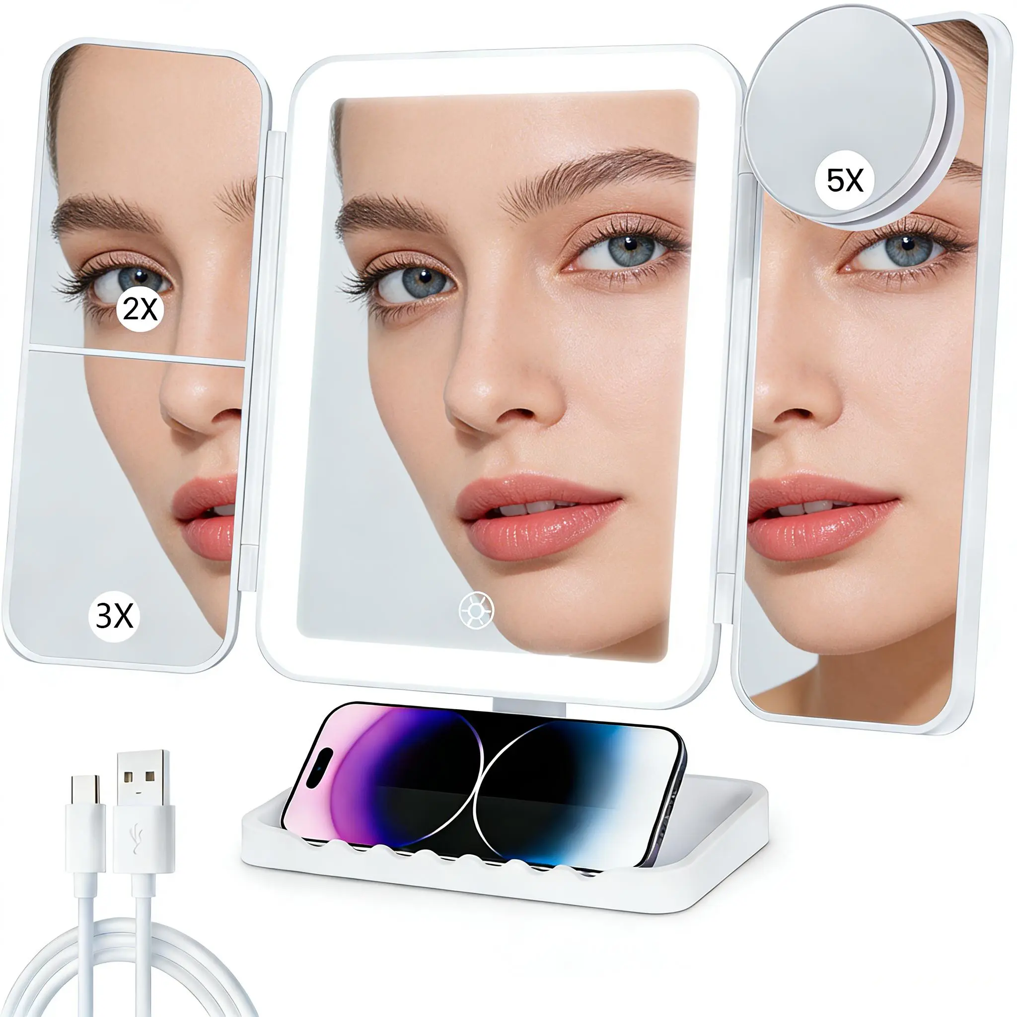Tri-fold Travel Makeup Mirror with 48 LED Lights, 2X/3X/5X Rechargeable Vanity Mirror with Light, Portable Magnifying Mirror with Light, Stepless Dimming and Touch Control Table Mirror, Perfect Gift for Her, SummerVibes