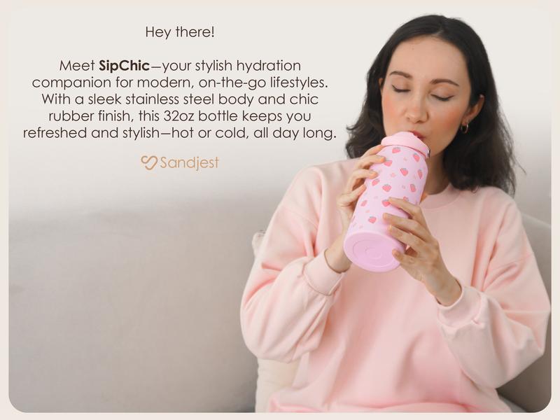 Sandjest 32oz Portable Water Bottle with Flip Straw & Handle, Insulated Leak Proof Drinkware, Protective Silicone Base, Valentine’s Day Gift