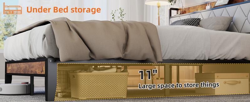 Full Bed Frame with Headboard, Underbed Storage, Built-in Charging Ports, Sturdy Noiseless Design, Tool-Free Assembly, No Box Spring Needed