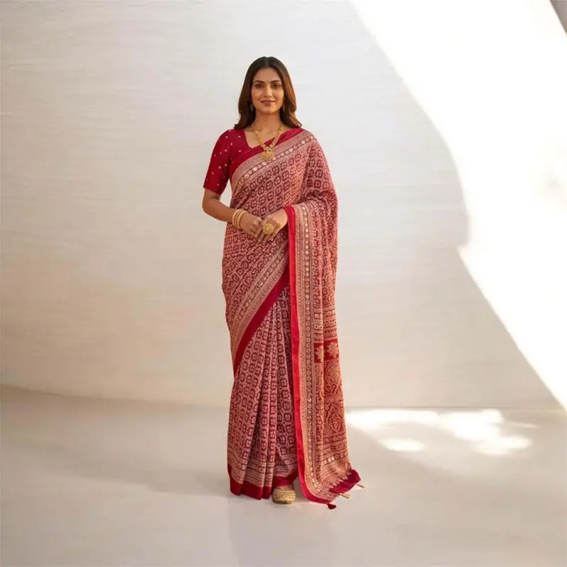 Women's Mirror Work Ajrak Print Silk Saree with Stitched Blouse