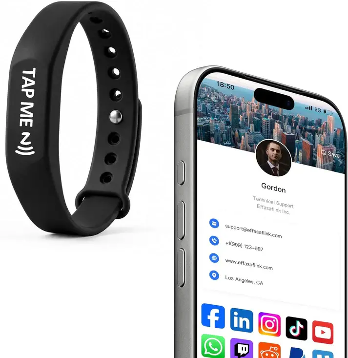 NFC Digital Business Card Silicone Bracelet - Casual, Unisex, 1 Size - Tap to Share - No Monthly Fee