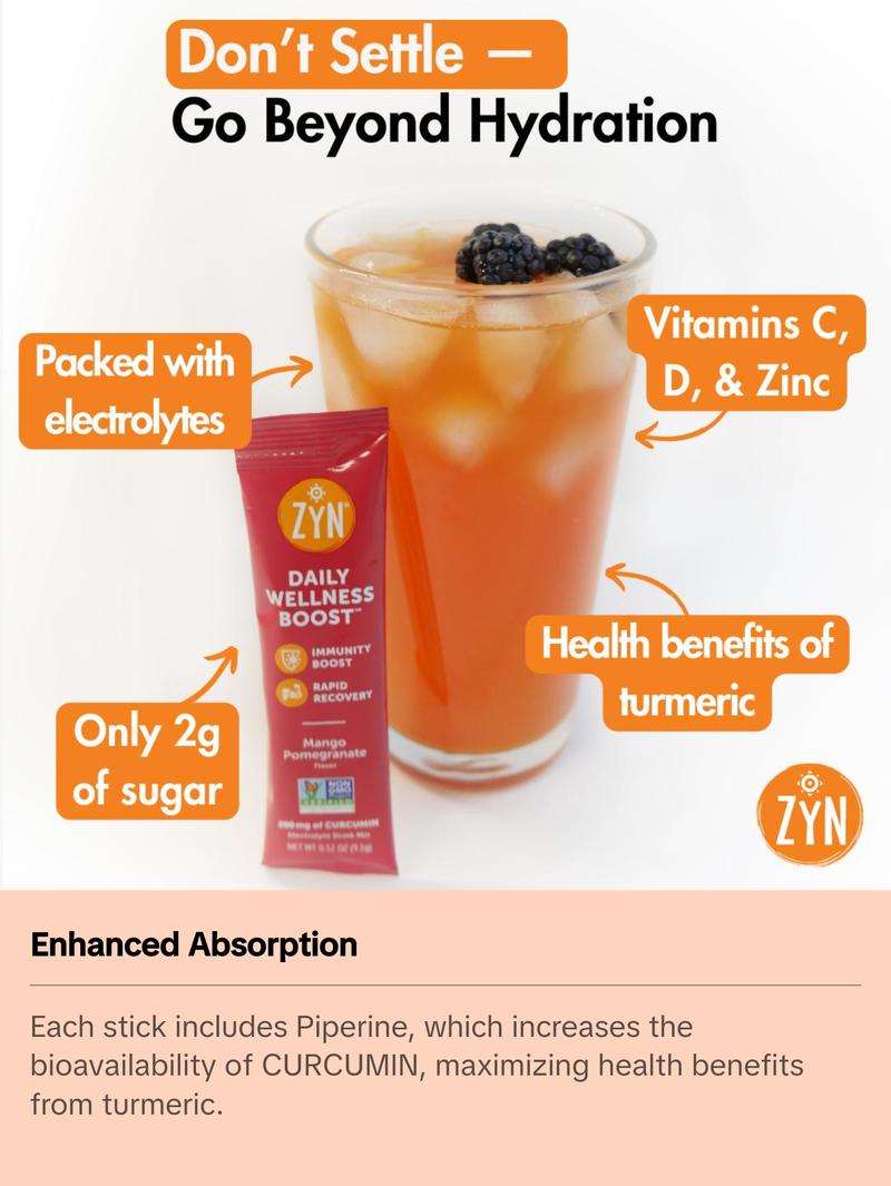 ZYN  Turmeric Electrolyte Drink Mix Hydration Variety Pack, with Turmeric, Vitamin C, Vitamin D, Zinc - Benefits Healthcare Natural