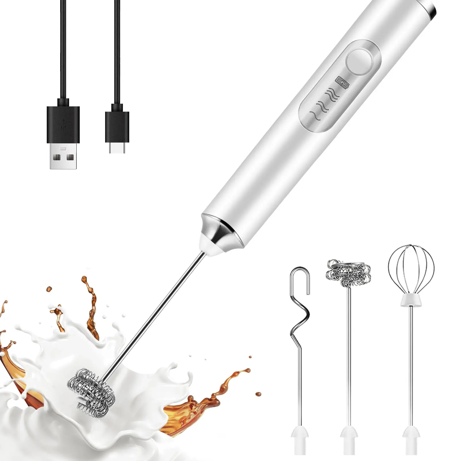 Rechargeable Milk Frother,Milk Frother Handheld with 3 Heads 3 Speeds,Coffee Mixer,Electric Milk Bubbler,Detachable Stainless Steel Whisk for Latte,Cappuccino,Matcha,Egg - Black/White