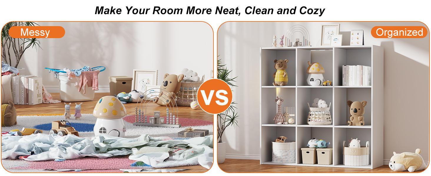 【New】9-Compartment Storage Organizer, Bookcase, Display Stand, Living Room Decoration With Removable Back Panel，Easy to assemble，For Books, decorations, toys, and other household items