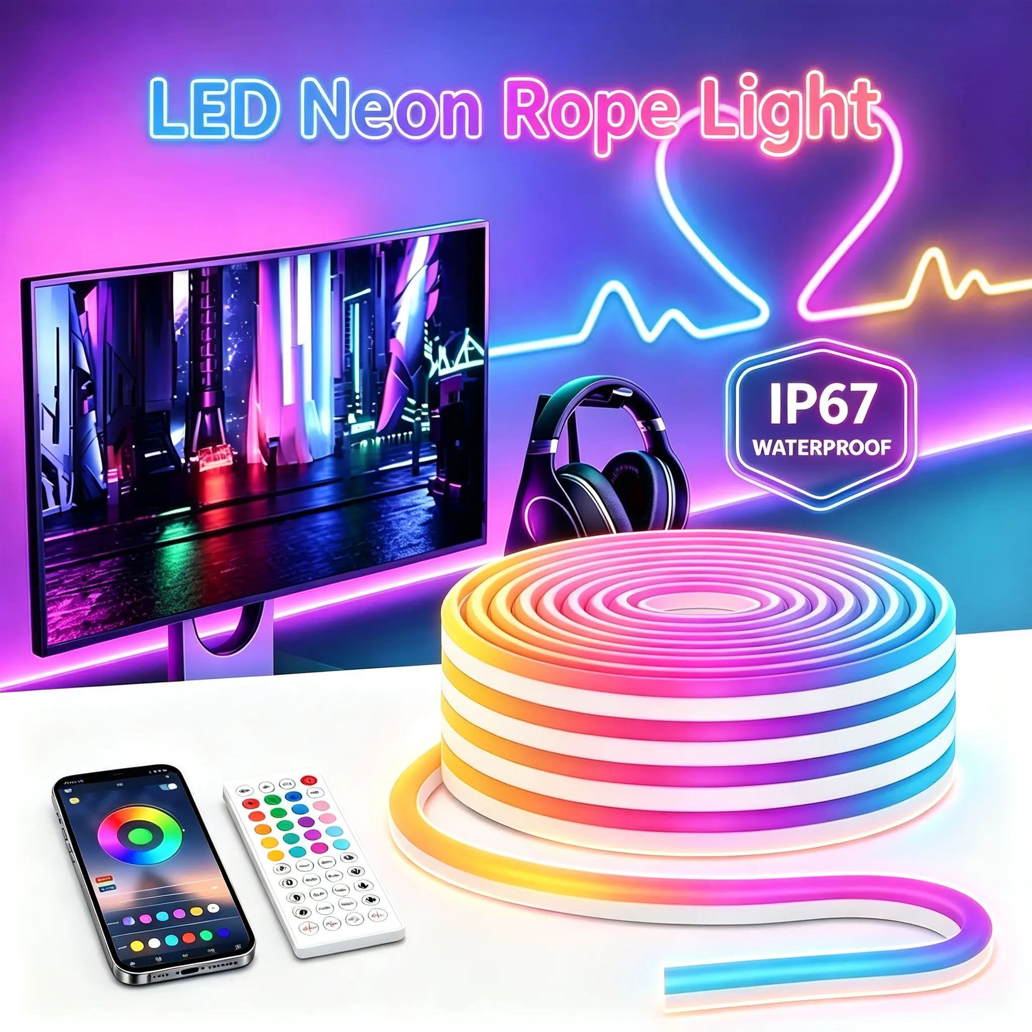 RGB Neon Rope LED Lights, Flexible Strip Lights with App & Remote Control, Music-Sync Color Changing, IP67 Waterproof Cuttable for Bedroom, Gaming Room, Indoor-Outdoor Home Decor Ambient Lighting