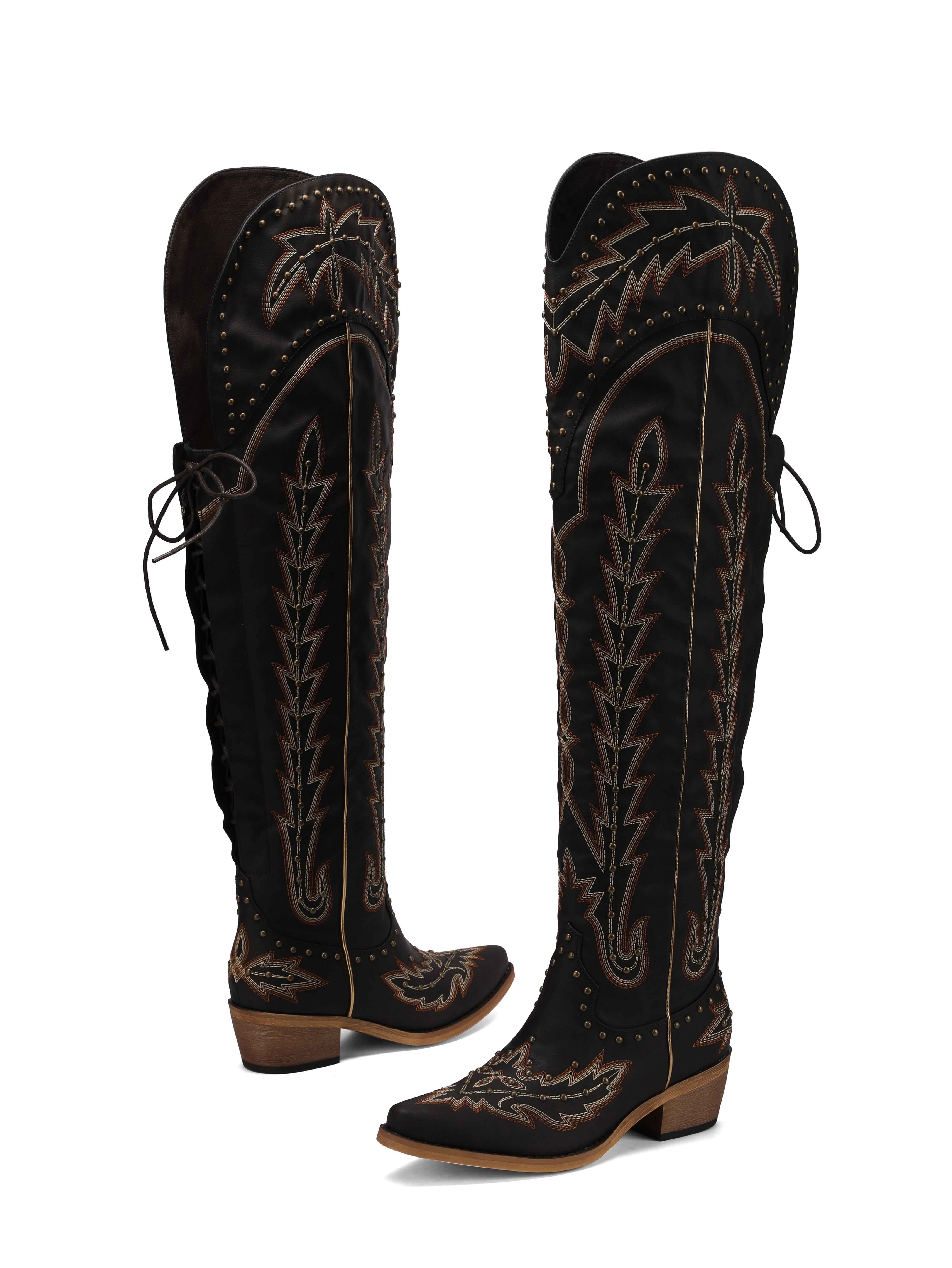 Denim Diva Thigh-High Cowgirl Boots for Women, Wide Calf Over-the-Knee Western Boots with Lace-Up, Embroidery, Side Zipper and Chunky Heel