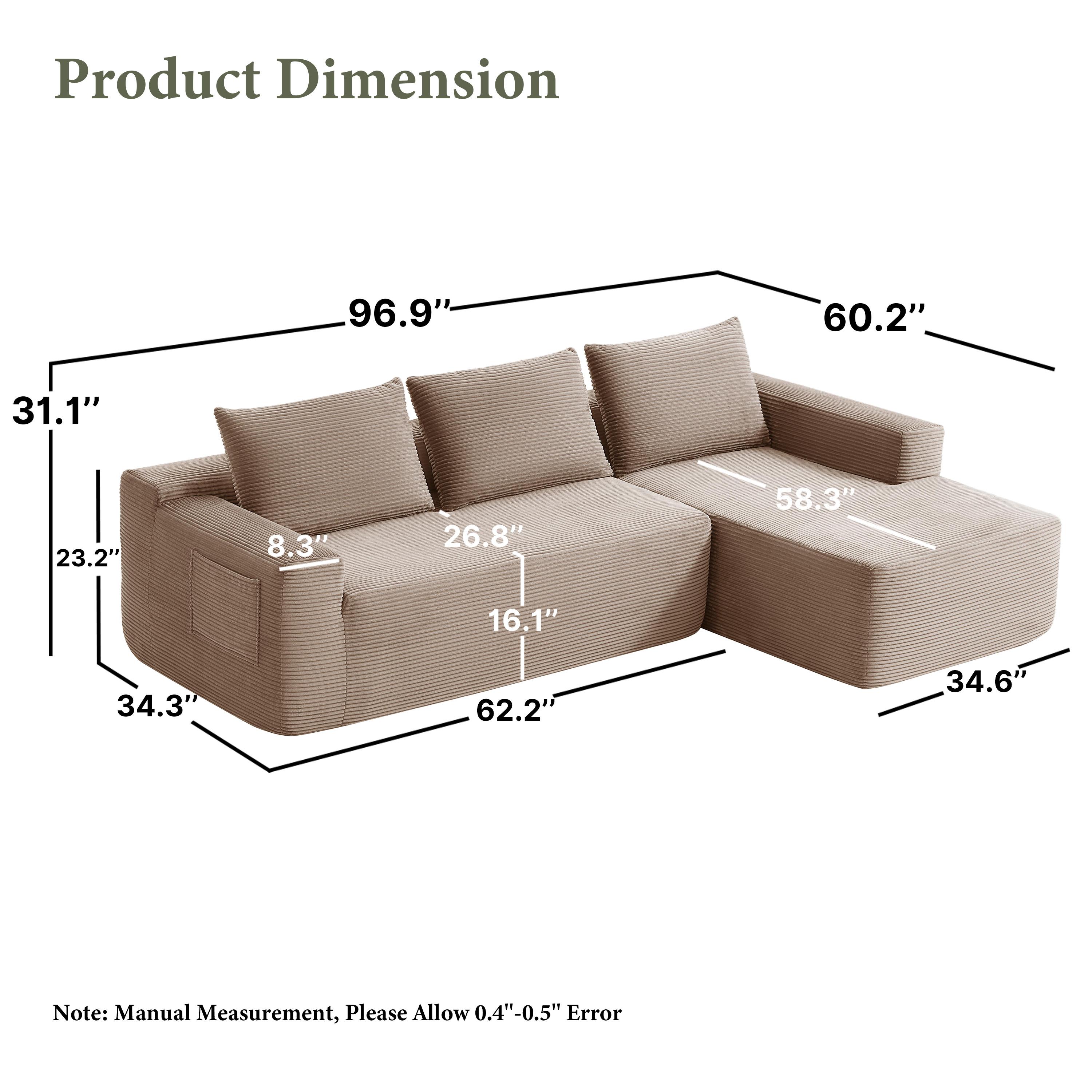 96.9" Cloud Sectional Sofa with L-Shape Chaise and Side Pockets , bonelesscouches compression bed ,Modern Modular Design, Deep Seating, Upholstered for Living Room/Bedroom, No Assembly Required (Corduroy Fabric), Left-facing 96.9" Cloud Sectional Sofa with L-Shape Chaise and Side Pockets , bonelesscouches compression bed ,Modern Modular Design, Deep Seating, Upholstered for Living Room/Bedroom, No Assembly Required (Corduroy Fabric), Left-facing