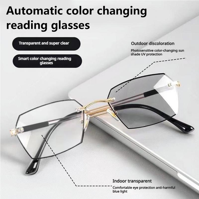 Unisex Rimless Anti-Blue Light Reading Glasses, Photochromic, Reading-Specific | High-Definition Vision, Blue Light Filter, Ergonomic Design, Soft Silicone Nose Pads UV protection, specially designed for close-up vision.