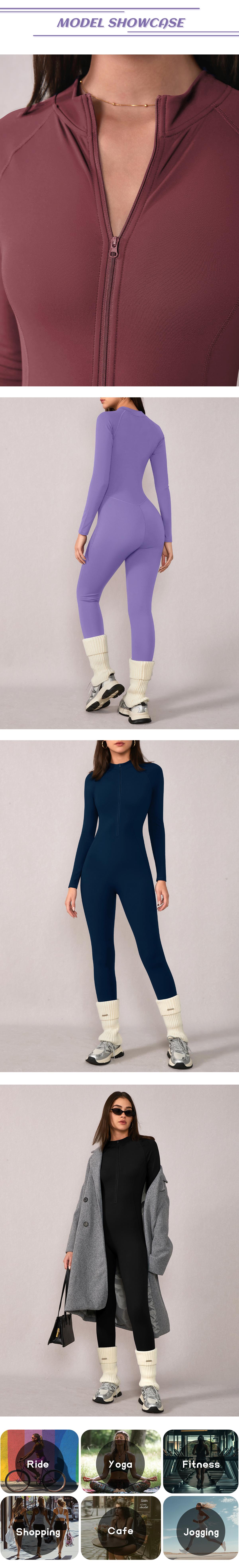 TIMEOFF Women's Long-Sleeve Fleece-Lined Mock-Neck Zip-Up Jumpsuit, Stretchy Body-Sculpting Workout Gym Clothing for Winter Yoga