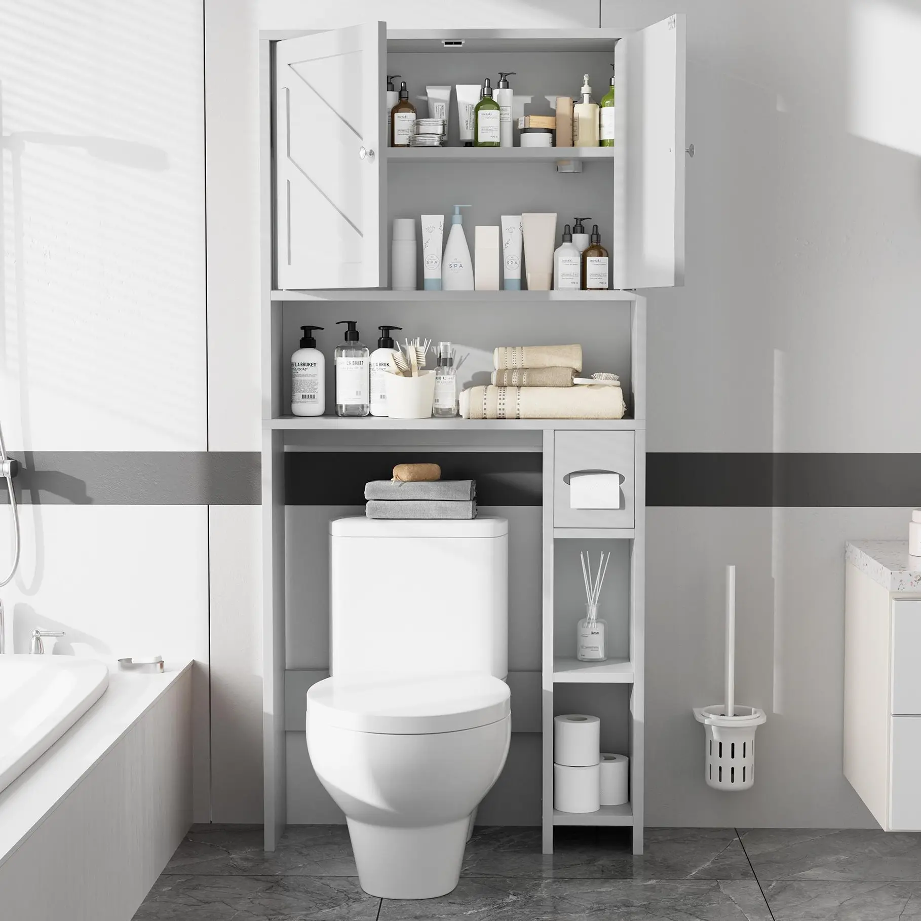 Walsunny Over The Toilet Storage Cabinet, Bathroom Farmhouse Storage Cabinet with Adjustable Shelf, 2-Door Toilet Storage Rack with Toilet Paper Holder, White