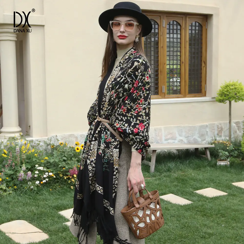 DANA XU 100% Merino Wool Extra Large Pashmina Blanket Travel Scarf Cashmere Wrap for Women Oversize Shawl Floral Women's Fashion