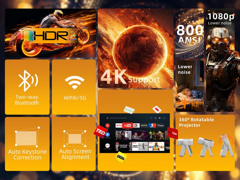 【TouchScreen/Built-in APPs/Auto Focus Keystone】XBJ Smart Portable Projector with Touch Tablet, 4K Support Outdoor Proyector, WiFi6 Bluetooth for Home Theater/Gaming/Outdoor (270° Stand & 250") Lcd Audio Lcd Audio Automatic Noise Space video