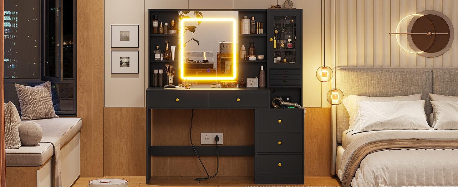 Sikaic LED Makeup Vanity with Charging Station Jewelry Box Sliding Mirror Drawers Furniture Storage Aesthetic Table