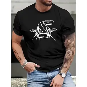 Vibrant Catfish Graphic Tee Shirt - Summer Casual Short Sleeve T-Shirts for Men - Breathable, Soft, Comfortable, Relaxed Fit, Perfect for Outdoor Activities